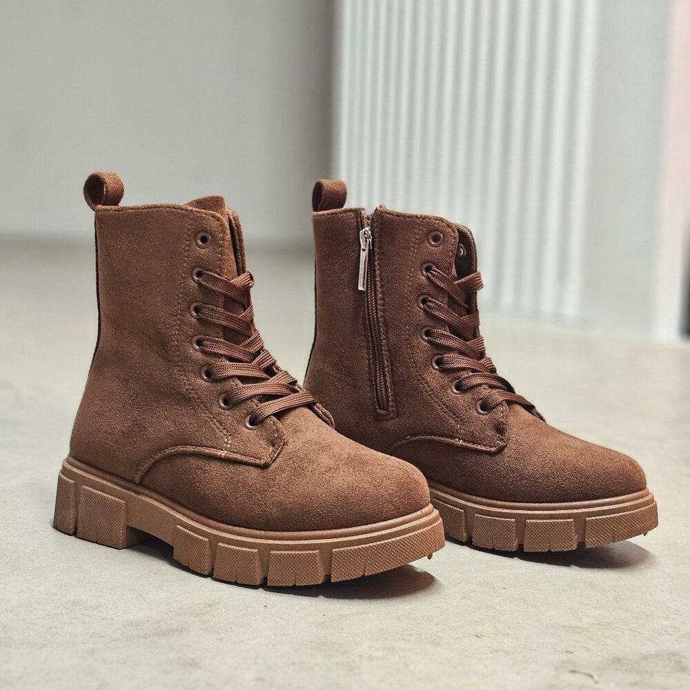 Chunky Sole Brown Faux Suede Combat Boots With Side Zipper & Lace-Up Closure For